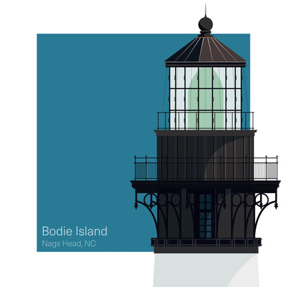 Illustration of the Bodie Island lighthouse, NC, USA. On a white background with aqua blue square as a backdrop.