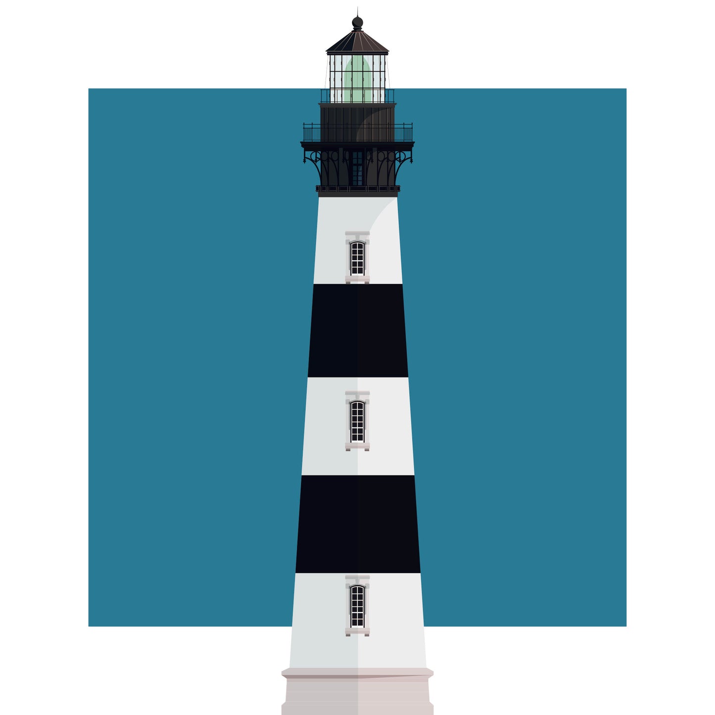 Illustration of the Bodie Island lighthouse, North Carolina, USA. On a white background with aqua blue square as a backdrop.