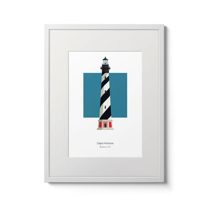 Illustration of the Cape Hatteras lighthouse, North Carolina, USA. On a white background with aqua blue square as a backdrop., in a white frame  and measuring 11"x14" (30x40cm).
