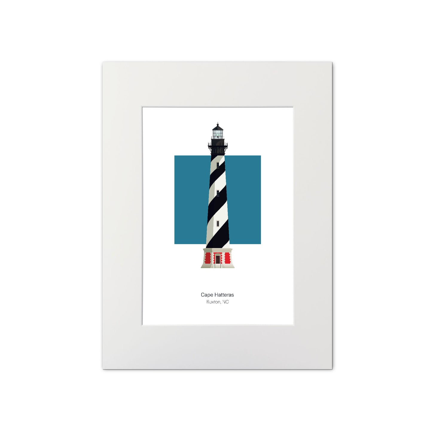 Illustration of the Cape Hatteras lighthouse, North Carolina, USA. On a white background with aqua blue square as a backdrop., mounted and measuring 11"x14" (30x40cm).