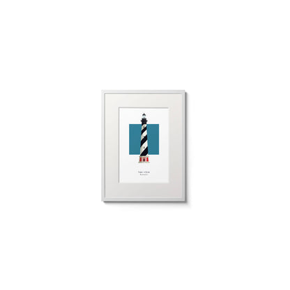 Illustration of the Cape Hatteras lighthouse, North Carolina, USA. On a white background with aqua blue square as a backdrop., in a white frame  and measuring 6"x8" (15x20cm).