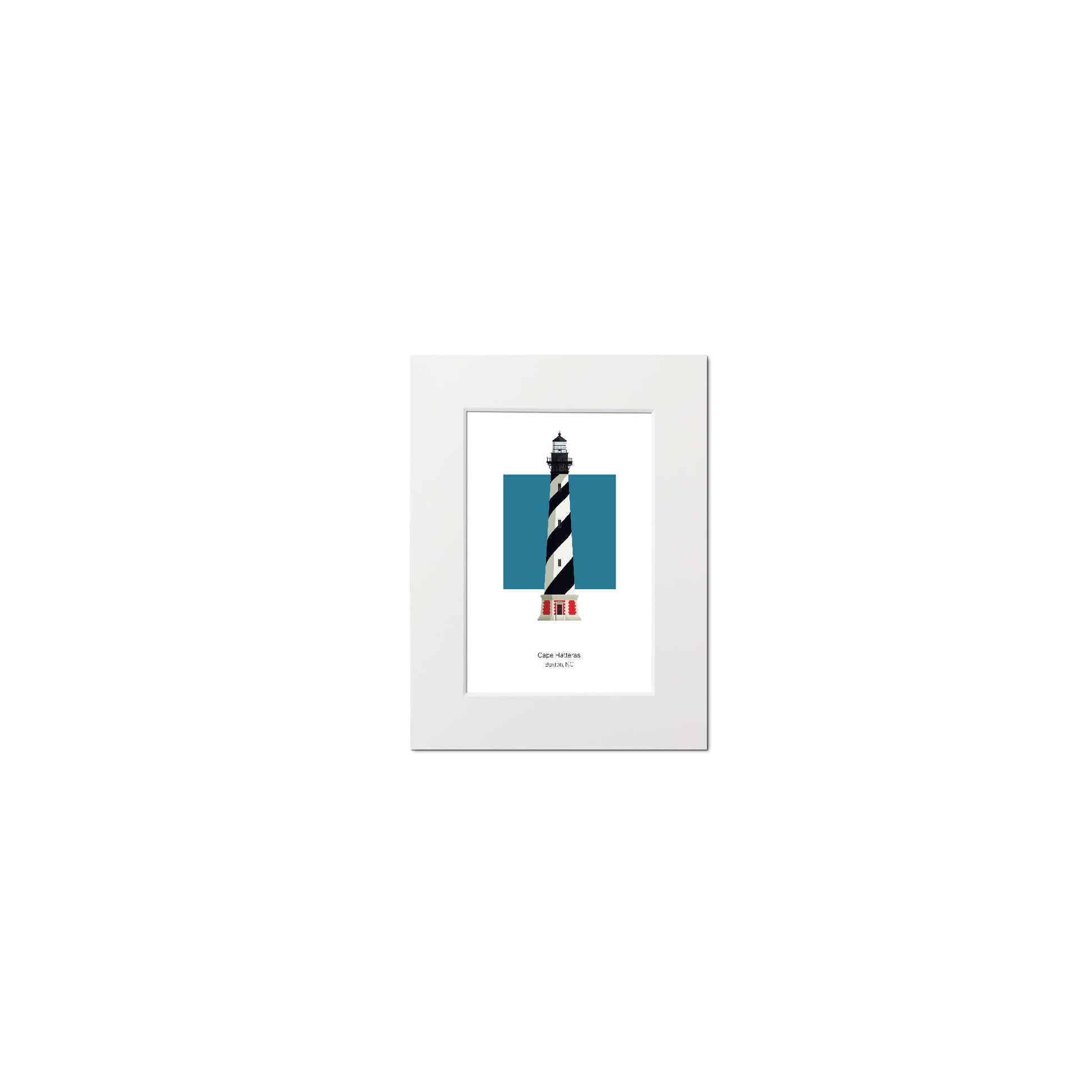 Illustration of the Cape Hatteras lighthouse, North Carolina, USA. On a white background with aqua blue square as a backdrop., mounted and measuring 6"x8" (15x20cm).