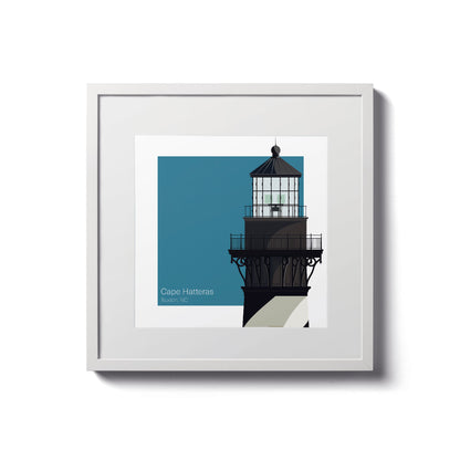 Illustration of the Cape Hatteras lighthouse, NC, USA. On a white background with aqua blue square as a backdrop., mounted and measuring 8"x8" (20x20cm).