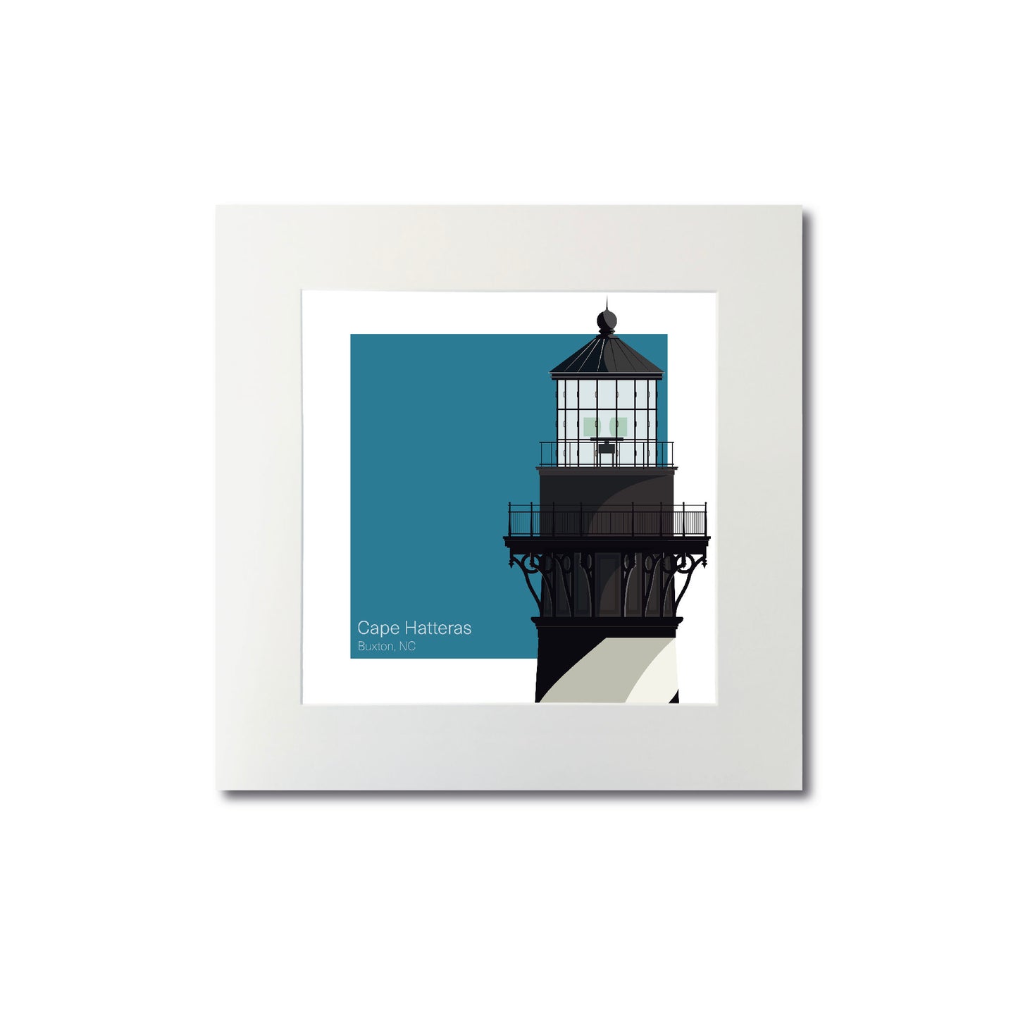 Illustration of the Cape Hatteras lighthouse, NC, USA. On a white background with aqua blue square as a backdrop., mounted and measuring 12"x12" (30x30cm).