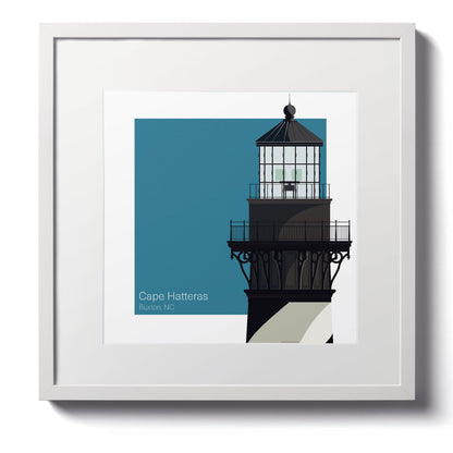 Illustration of the Cape Hatteras lighthouse, NC, USA. On a white background with aqua blue square as a backdrop., in a white frame  and measuring 8"x8" (20x20cm).