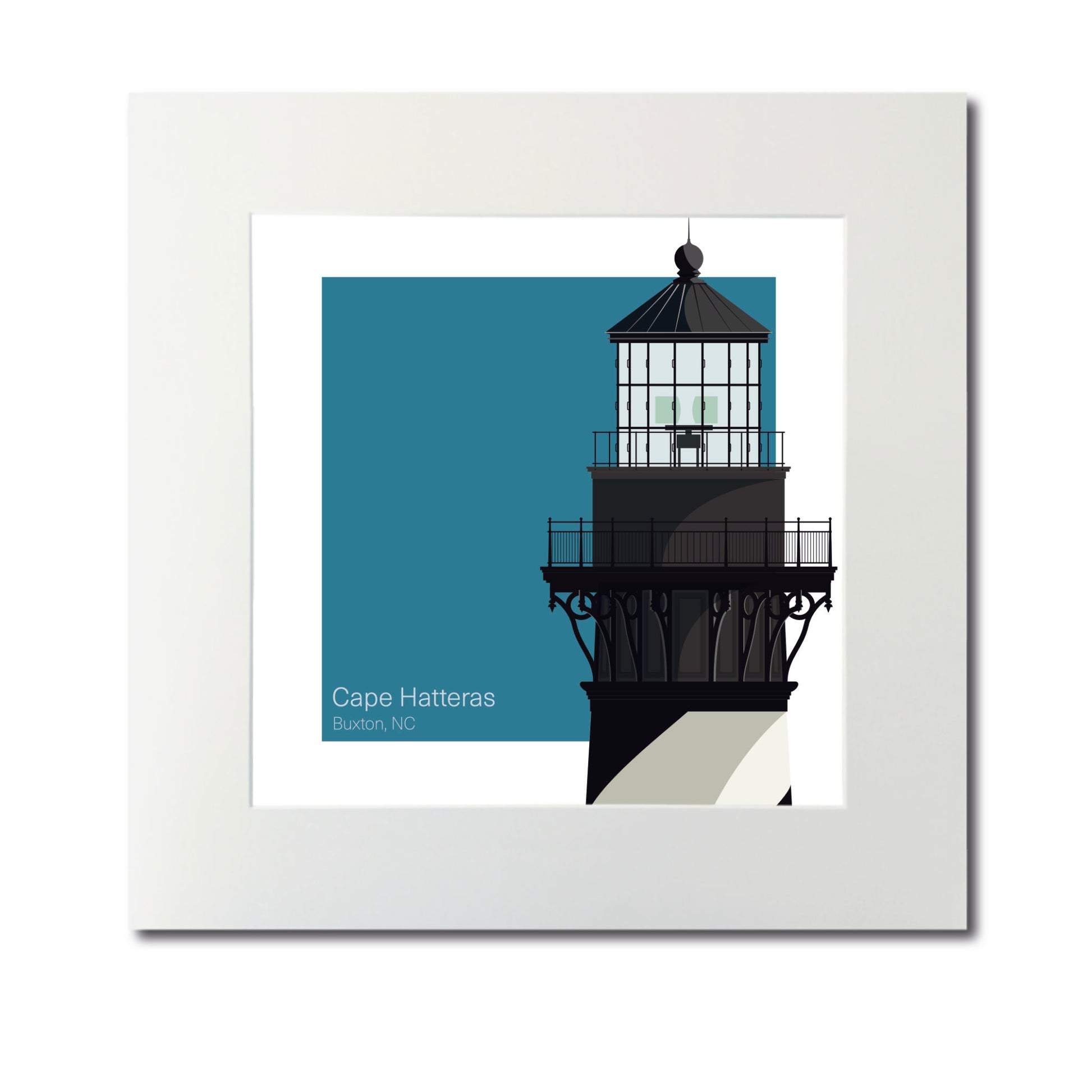 Illustration of the Cape Hatteras lighthouse, NC, USA. On a white background with aqua blue square as a backdrop., in a white frame  and measuring 12"x12" (30x30cm).