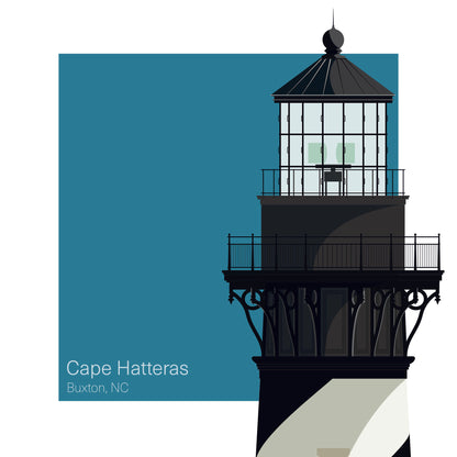 Illustration of the Cape Hatteras lighthouse, NC, USA. On a white background with aqua blue square as a backdrop.