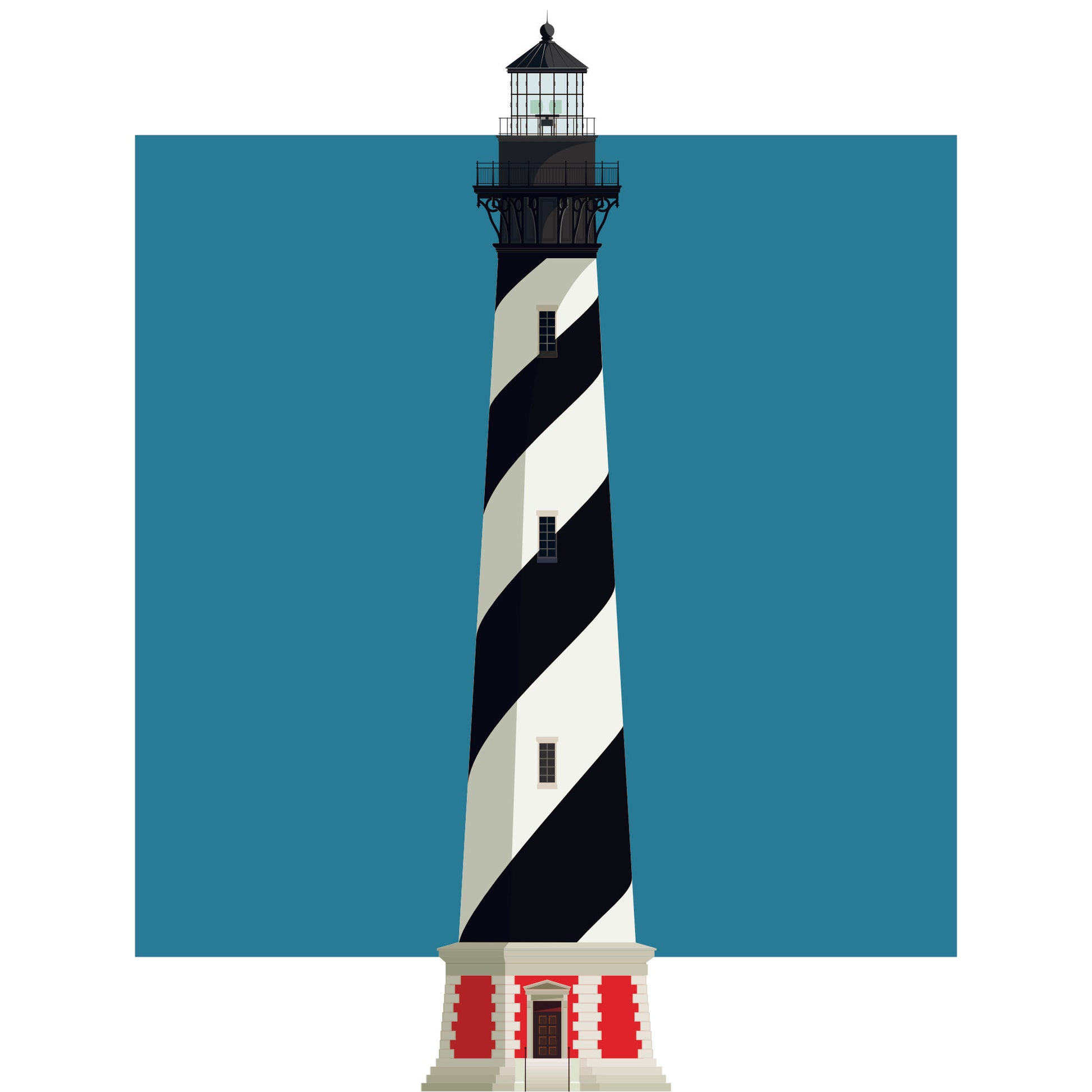Illustration of the Cape Hatteras lighthouse, North Carolina, USA. On a white background with aqua blue square as a backdrop.