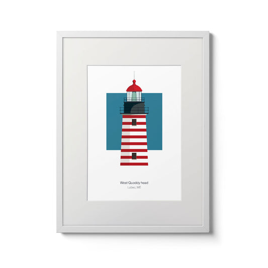 Illustration of the West Quoddy Head lighthouse, Maine, USA. On a white background with aqua blue square as a backdrop., in a white frame  and measuring 11"x14" (30x40cm).