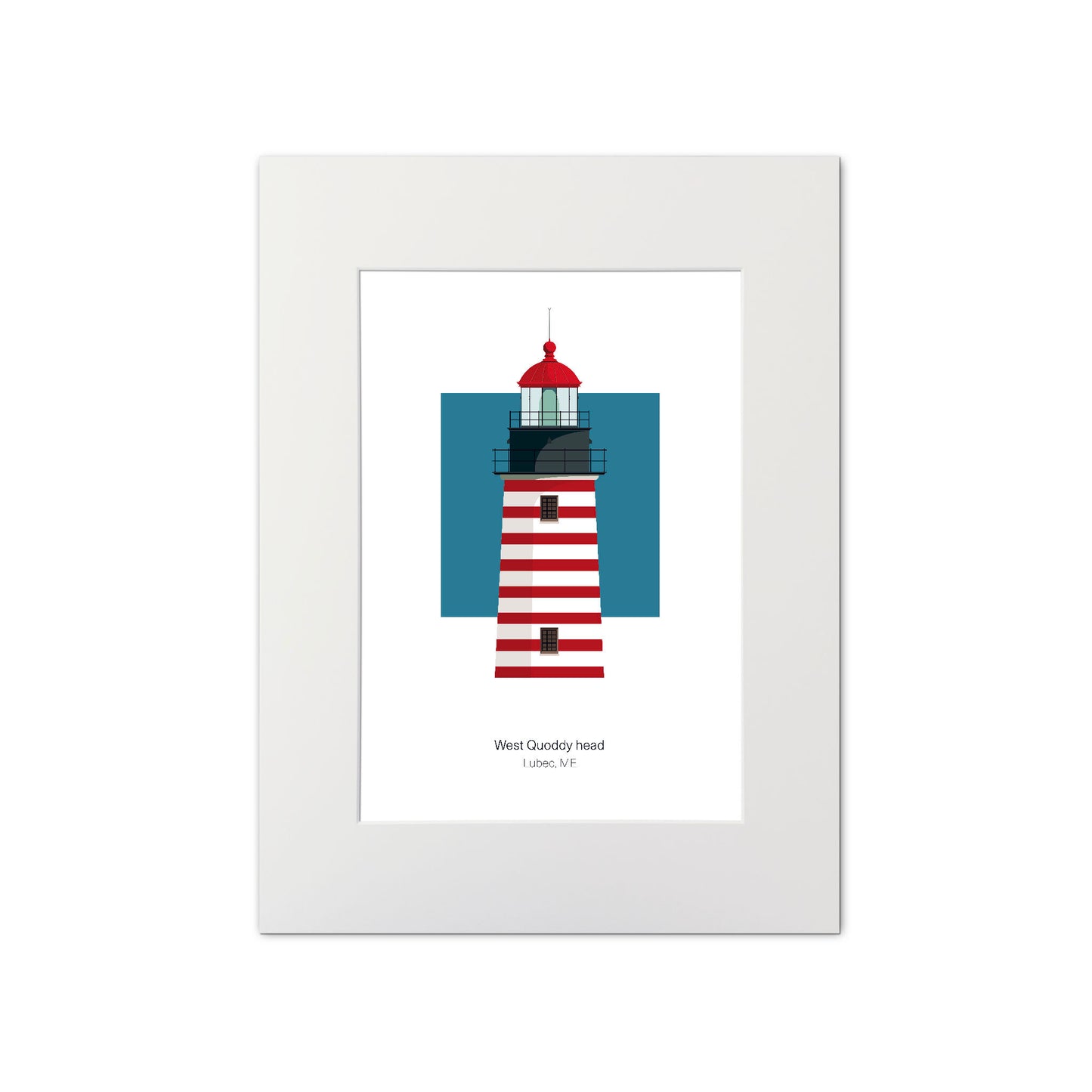 Illustration of the West Quoddy Head lighthouse, Maine, USA. On a white background with aqua blue square as a backdrop., mounted and measuring 11"x14" (30x40cm).