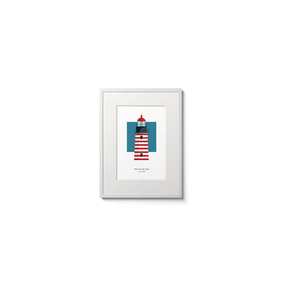 Illustration of the West Quoddy Head lighthouse, Maine, USA. On a white background with aqua blue square as a backdrop., in a white frame  and measuring 6"x8" (15x20cm).