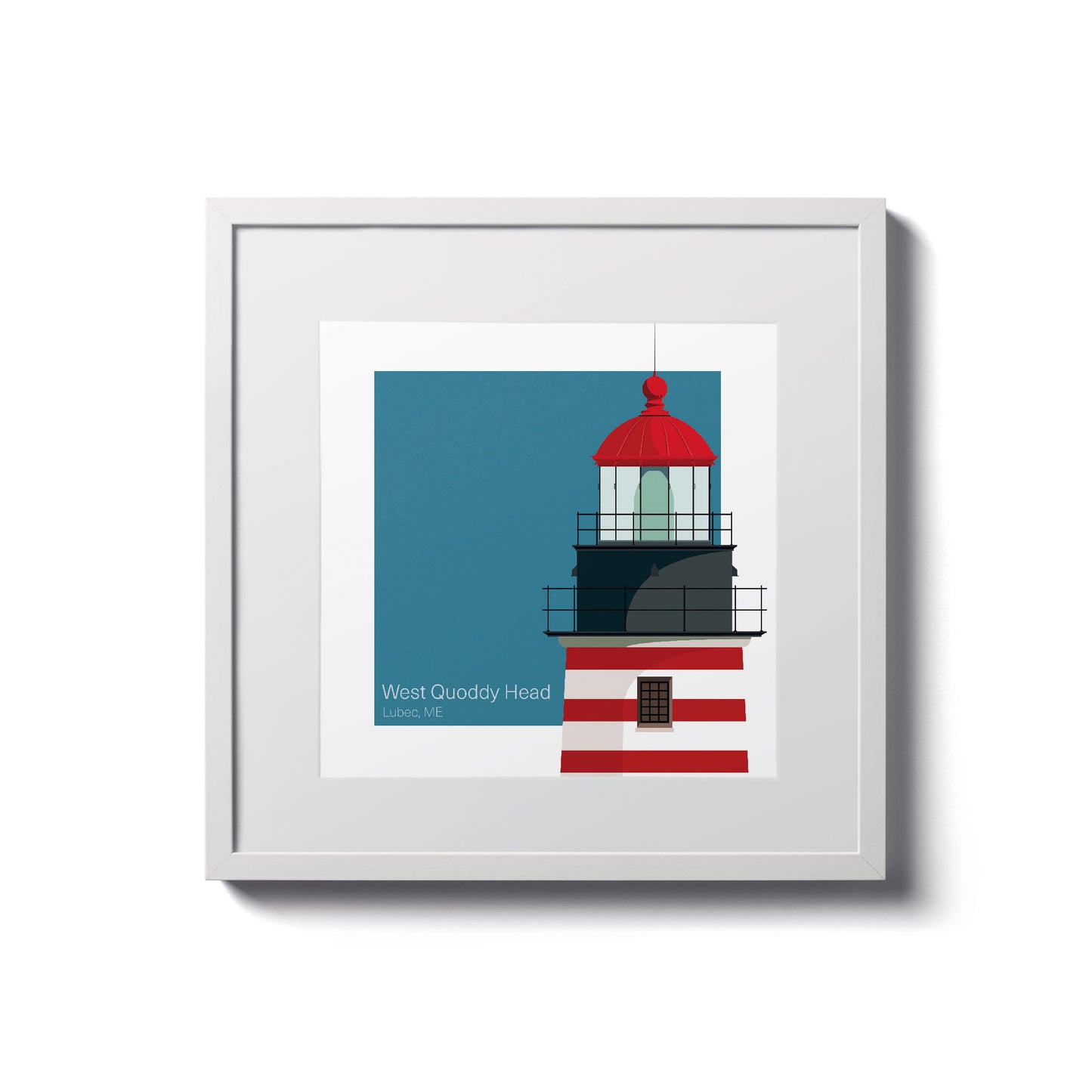 Illustration of the West Quoddy Head lighthouse, ME, USA. On a white background with aqua blue square as a backdrop., in a white frame  and measuring 8"x8" (20x20cm).