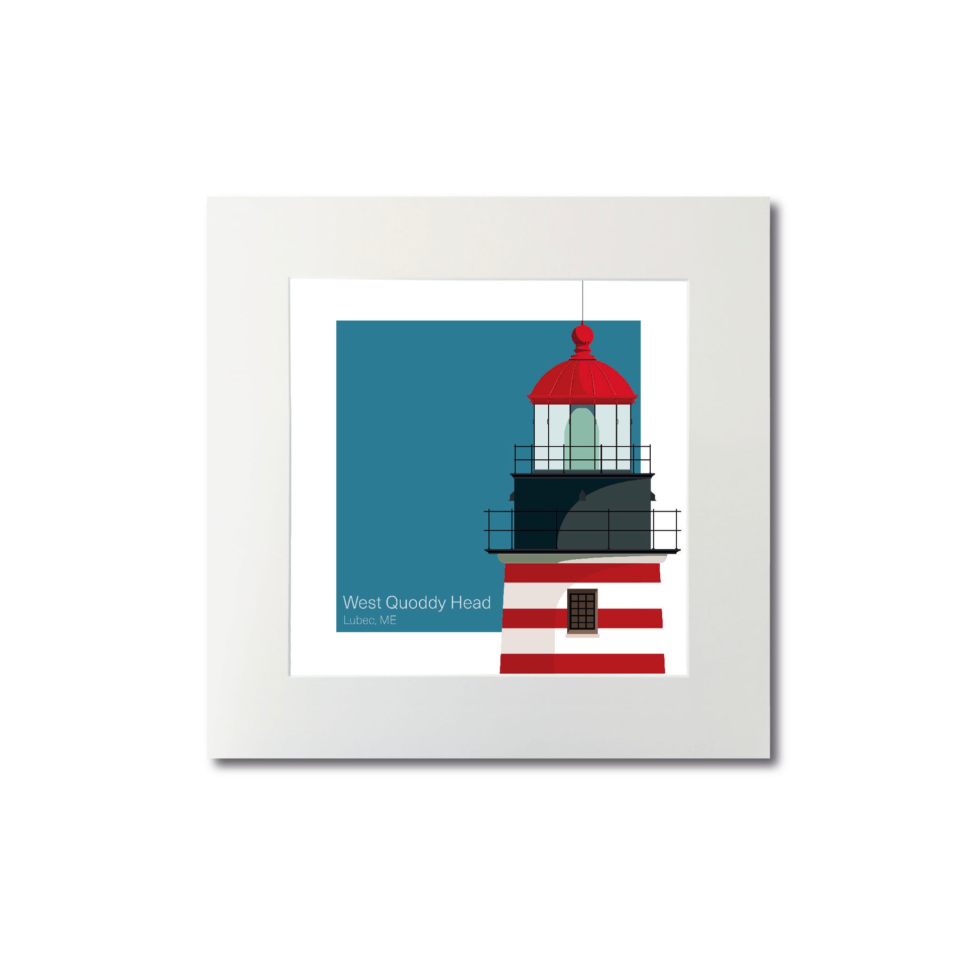 Illustration of the West Quoddy Head lighthouse, ME, USA. On a white background with aqua blue square as a backdrop., mounted and measuring 8"x8" (20x20cm).