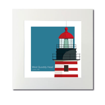 Illustration of the West Quoddy Head lighthouse, ME, USA. On a white background with aqua blue square as a backdrop., mounted and measuring 12"x12" (30x30cm).