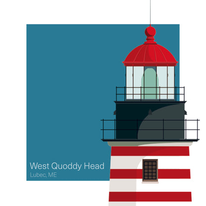 Illustration of the West Quoddy Head lighthouse, ME, USA. On a white background with aqua blue square as a backdrop.