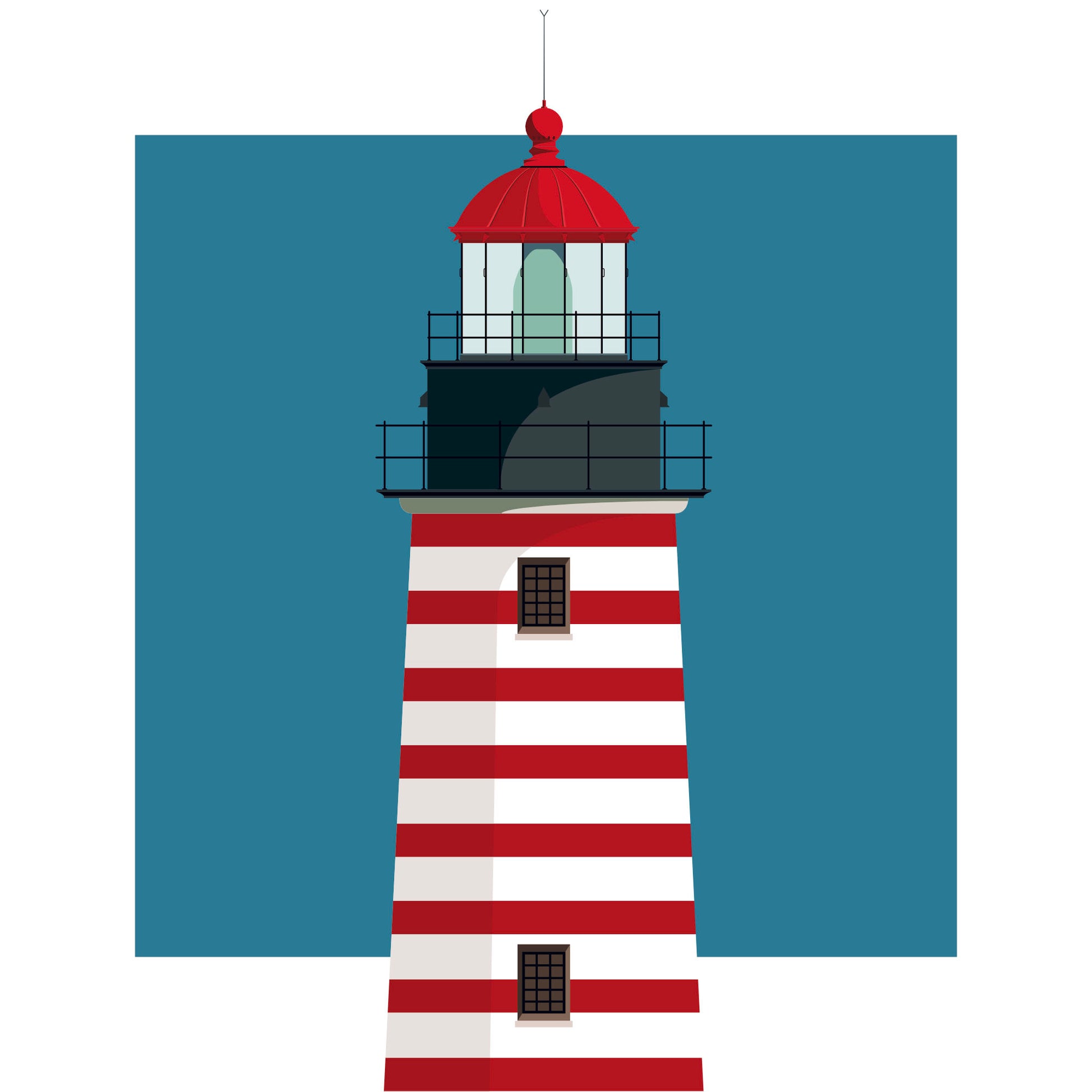 Illustration of the West Quoddy Head lighthouse, Maine, USA. On a white background with aqua blue square as a backdrop.