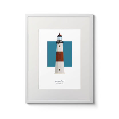 Illustration of the Montauk Point lighthouse, New York, USA. On a white background with aqua blue square as a backdrop., in a white frame  and measuring 11"x14" (30x40cm).