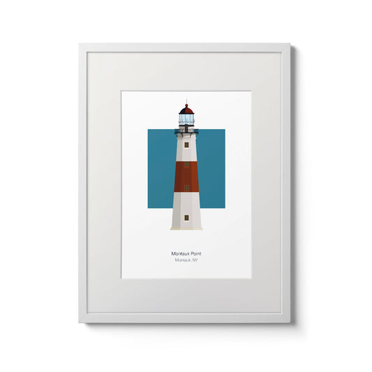 Illustration of the Montauk Point lighthouse, New York, USA. On a white background with aqua blue square as a backdrop., in a white frame  and measuring 11"x14" (30x40cm).
