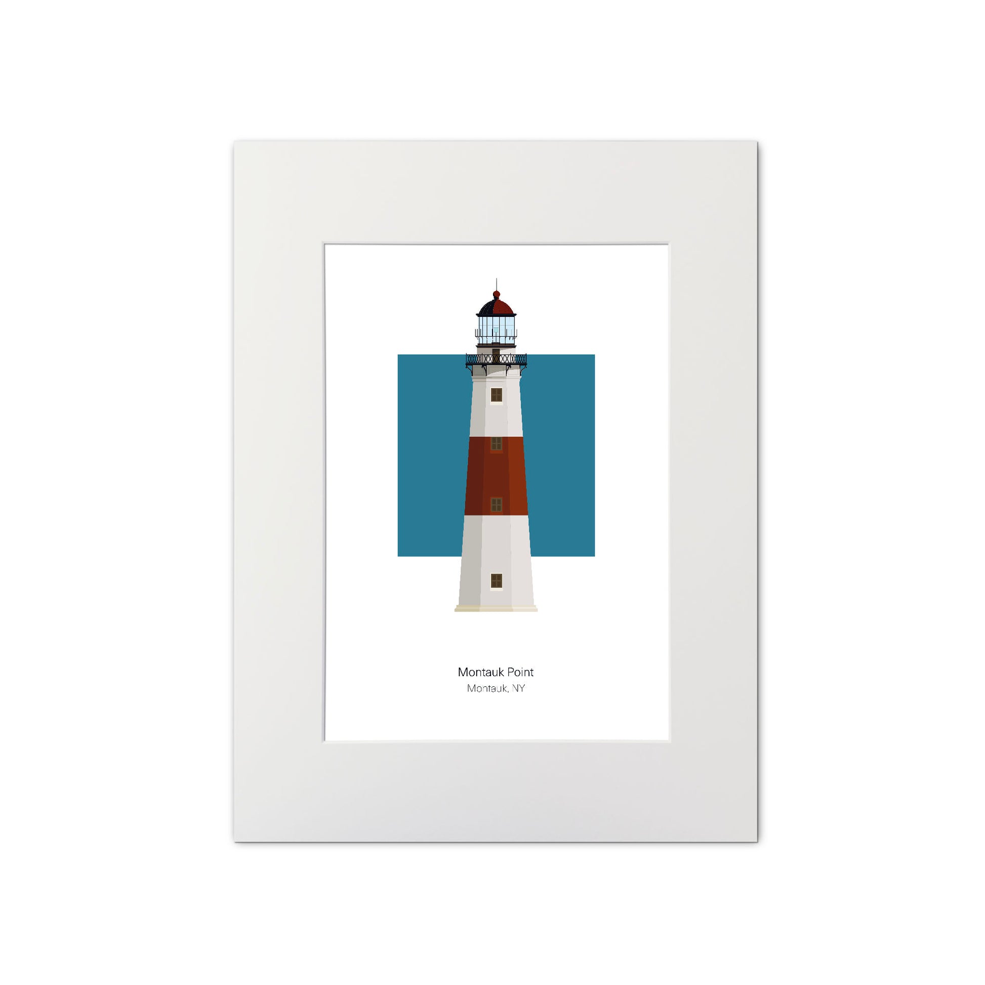 Illustration of the Montauk Point lighthouse, New York, USA. On a white background with aqua blue square as a backdrop., mounted and measuring 11"x14" (30x40cm).