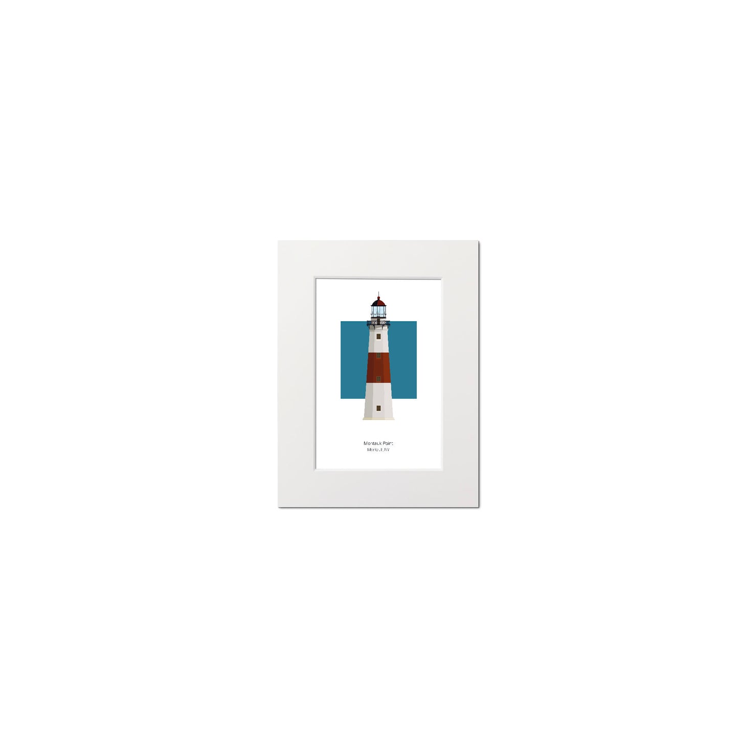Illustration of the Montauk Point lighthouse, New York, USA. On a white background with aqua blue square as a backdrop., mounted and measuring 6"x8" (15x20cm).