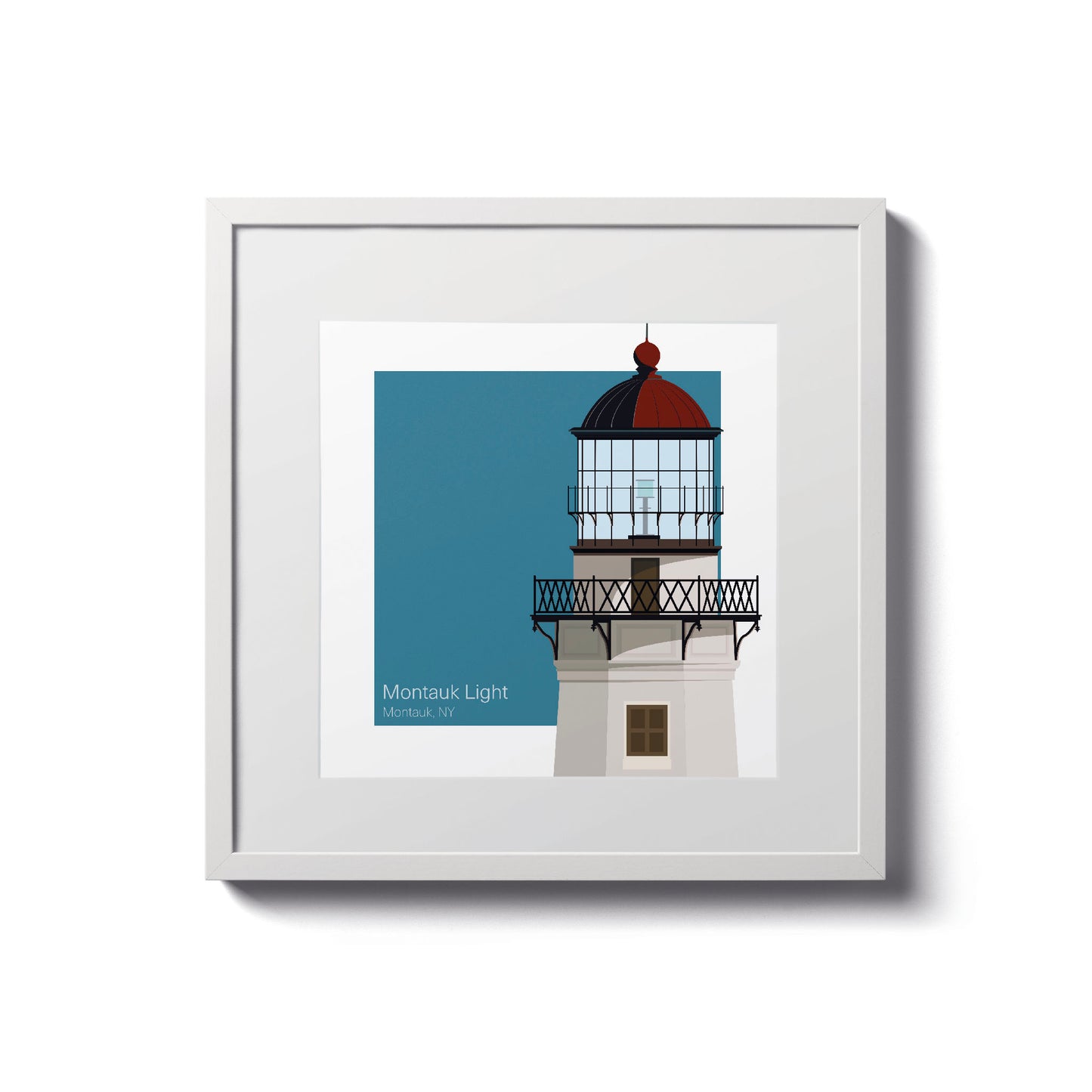 Illustration of the Montauk Point lighthouse, NY, USA. On a white background with aqua blue square as a backdrop., in a white frame  and measuring 8"x8" (20x20cm).