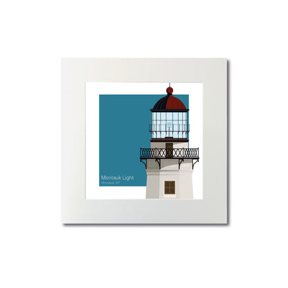 Illustration of the Montauk Point lighthouse, NY, USA. On a white background with aqua blue square as a backdrop., mounted and measuring 8"x8" (20x20cm).