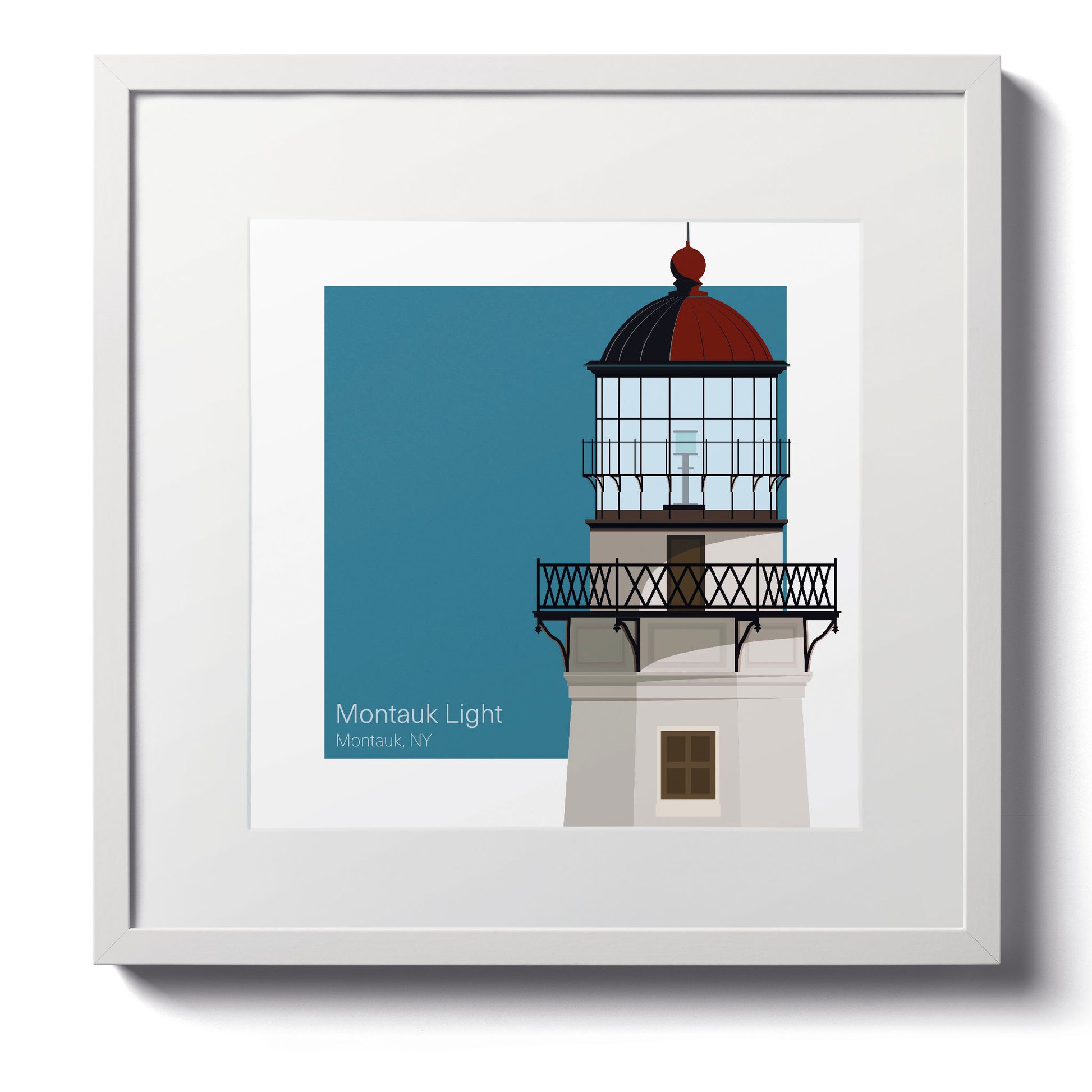 Illustration of the Montauk Point lighthouse, NY, USA. On a white background with aqua blue square as a backdrop., in a white frame  and measuring 12"x12" (30x30cm).