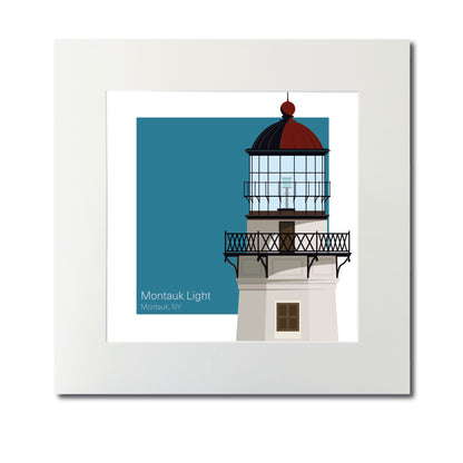 Illustration of the Montauk Point lighthouse, NY, USA. On a white background with aqua blue square as a backdrop., mounted and measuring 12"x12" (30x30cm).