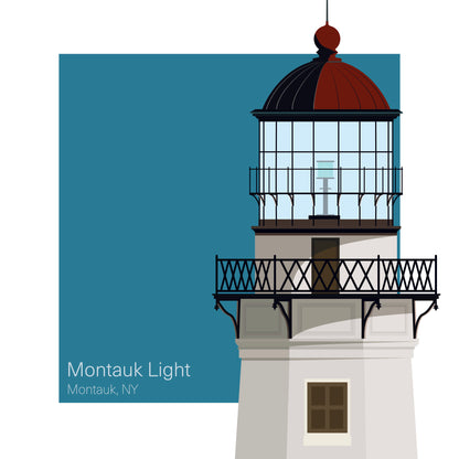 Illustration of the Montauk Point lighthouse, NY, USA. On a white background with aqua blue square as a backdrop.