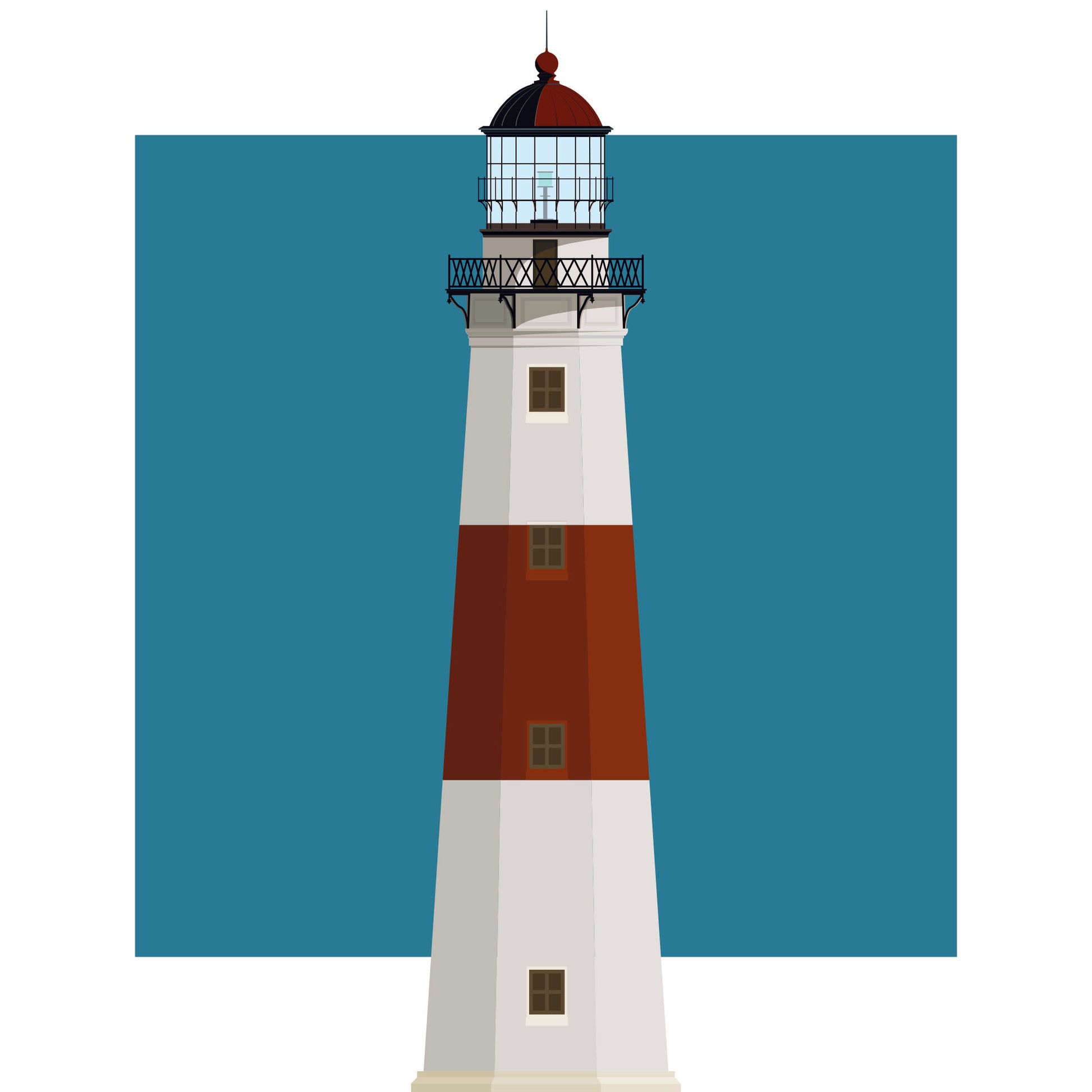 Illustration of the Montauk Point lighthouse, New York, USA. On a white background with aqua blue square as a backdrop.
