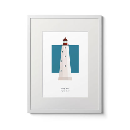 Illustration of the Sandy Hook lighthouse, New Jersey, USA. On a white background with aqua blue square as a backdrop., in a white frame  and measuring 11"x14" (30x40cm).