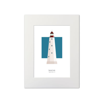 Illustration of the Sandy Hook lighthouse, New Jersey, USA. On a white background with aqua blue square as a backdrop., mounted and measuring 11"x14" (30x40cm).