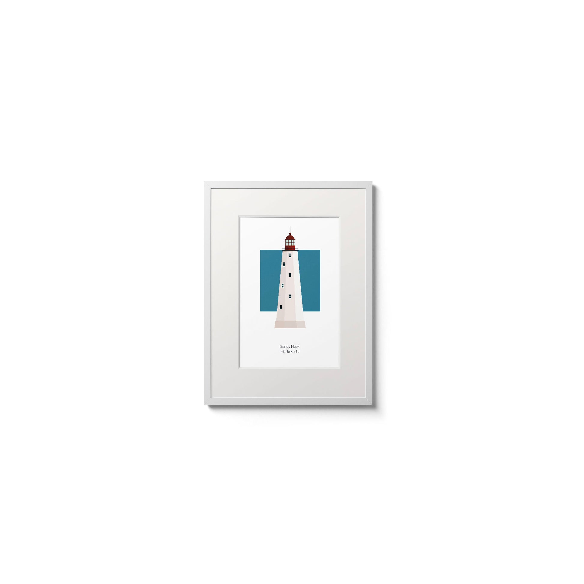 Illustration of the Sandy Hook lighthouse, New Jersey, USA. On a white background with aqua blue square as a backdrop., in a white frame  and measuring 6"x8" (15x20cm).