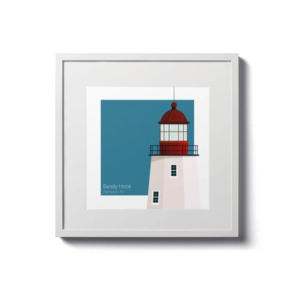 Illustration of the Sandy Hook lighthouse, NJ, USA. On a white background with aqua blue square as a backdrop., in a white frame  and measuring 8"x8" (20x20cm).
