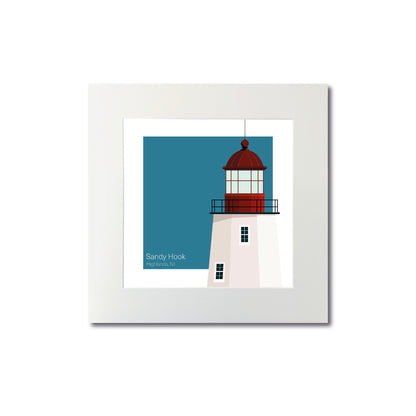 Illustration of the Sandy Hook lighthouse, NJ, USA. On a white background with aqua blue square as a backdrop., mounted and measuring 8"x8" (20x20cm).