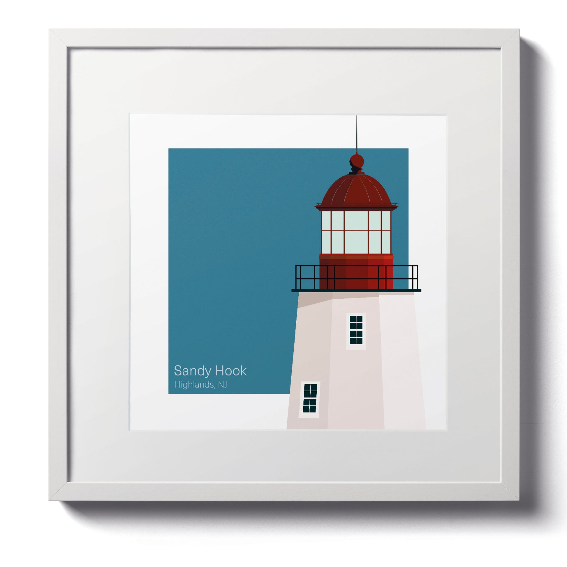 Illustration of the Sandy Hook lighthouse, NJ, USA. On a white background with aqua blue square as a backdrop., in a white frame  and measuring 12"x12" (30x30cm).