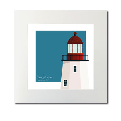 Illustration of the Sandy Hook lighthouse, NJ, USA. On a white background with aqua blue square as a backdrop., mounted and measuring 12"x12" (30x30cm).