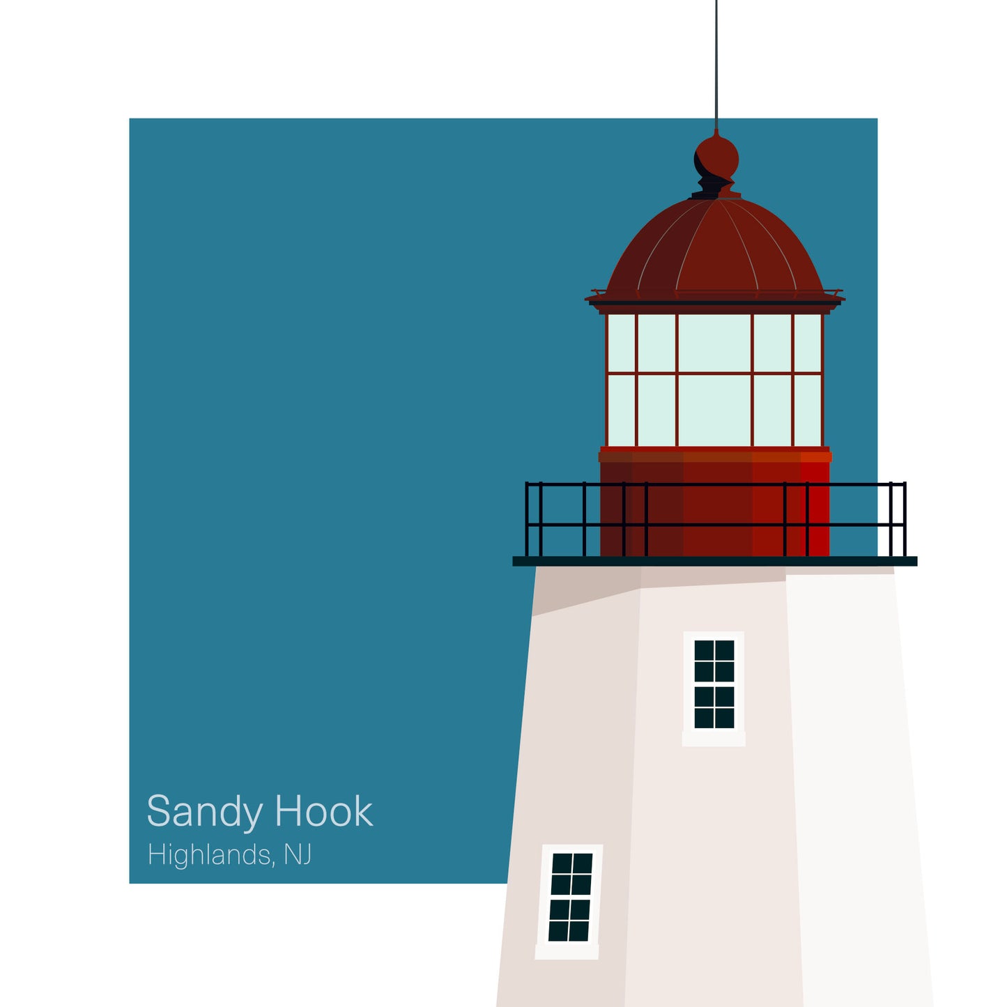 Illustration of the Sandy Hook lighthouse, NJ, USA. On a white background with aqua blue square as a backdrop.