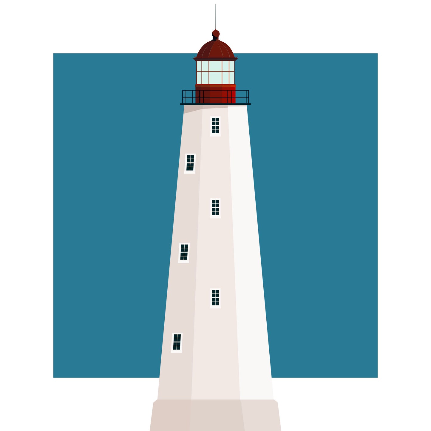 Illustration of the Sandy Hook lighthouse, New Jersey, USA. On a white background with aqua blue square as a backdrop.
