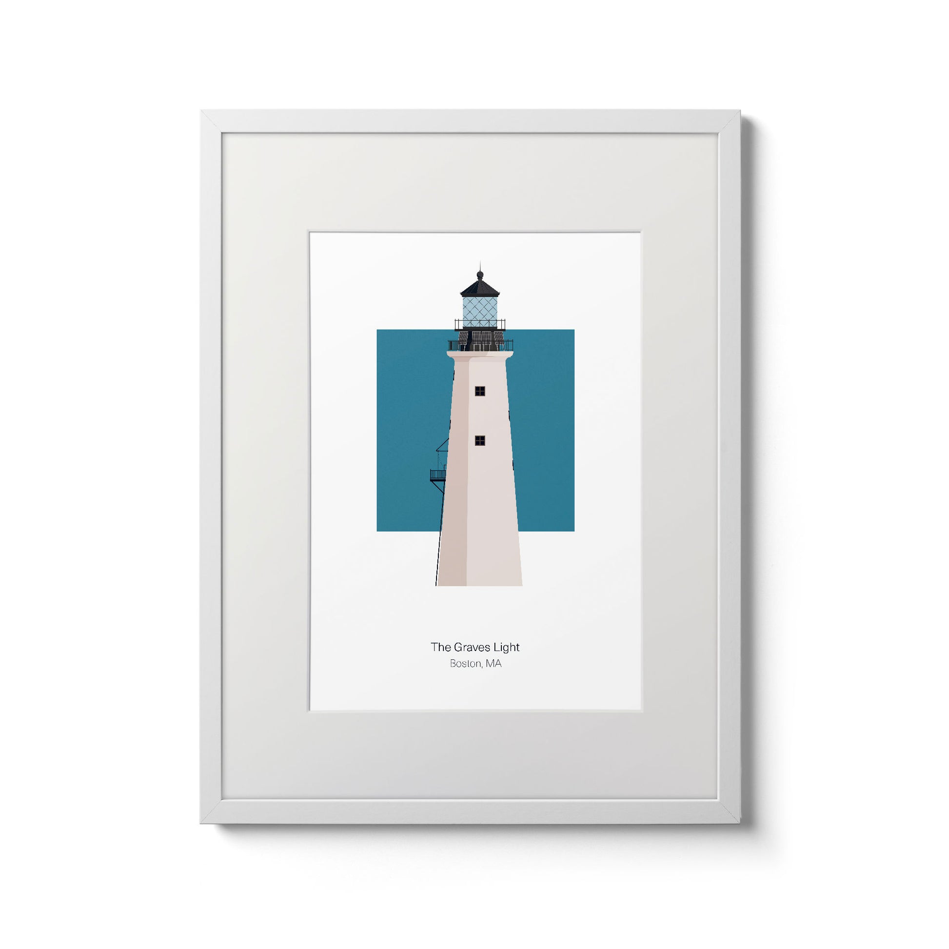 Illustration of the The Graves lighthouse, MA, USA. On a white background with aqua blue square as a backdrop., in a white frame  and measuring 11"x14" (30x40cm).