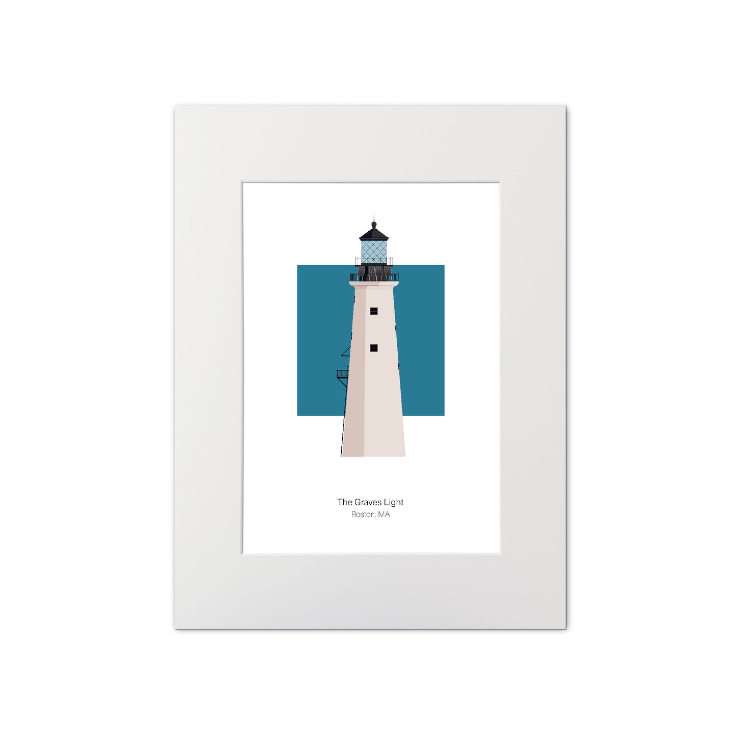 Illustration of the The Graves lighthouse, MA, USA. On a white background with aqua blue square as a backdrop., mounted and measuring 11"x14" (30x40cm).