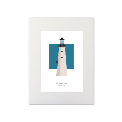 Illustration of the The Graves lighthouse, MA, USA. On a white background with aqua blue square as a backdrop., mounted and measuring 11"x14" (30x40cm).