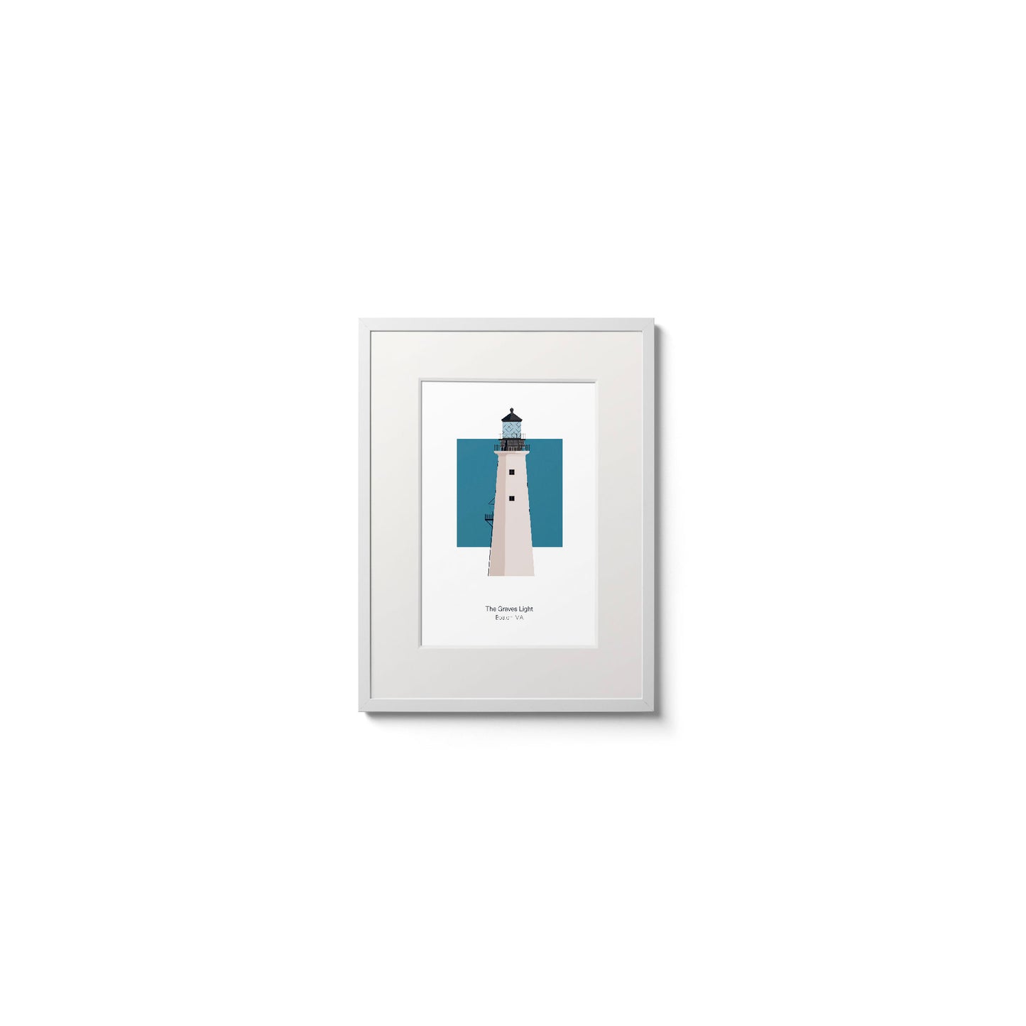 Illustration of the The Graves lighthouse, MA, USA. On a white background with aqua blue square as a backdrop., in a white frame  and measuring 6"x8" (15x20cm).
