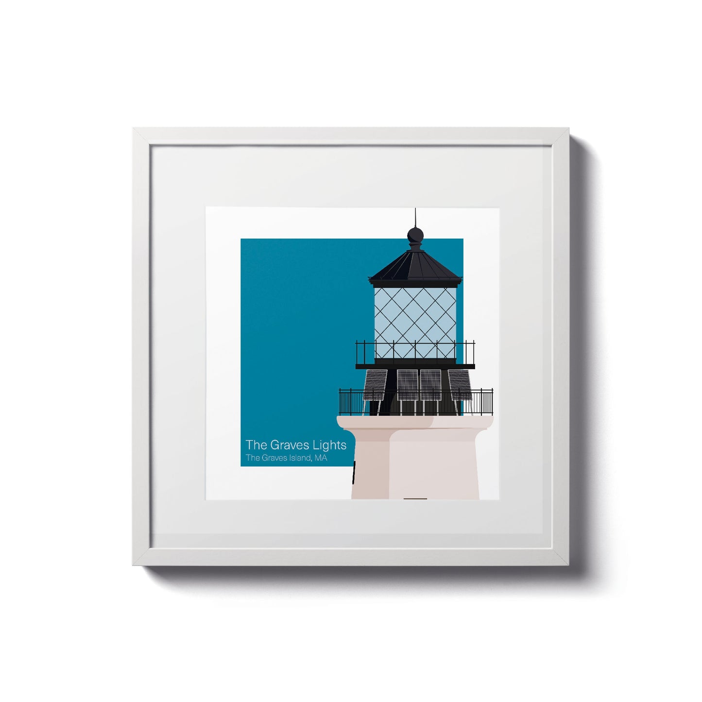 Illustration of the The Graves lighthouse, MA, USA. On a white background with aqua blue square as a backdrop., in a white frame  and measuring 8"x8" (20x20cm).
