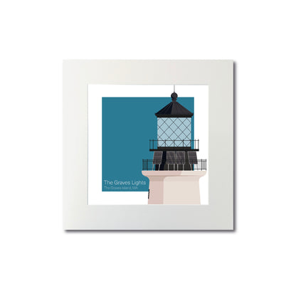 Illustration of the The Graves lighthouse, MA, USA. On a white background with aqua blue square as a backdrop., mounted and measuring 8"x8" (20x20cm).