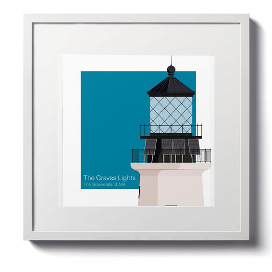 Illustration of the The Graves lighthouse, MA, USA. On a white background with aqua blue square as a backdrop., in a white frame  and measuring 12"x12" (30x30cm).