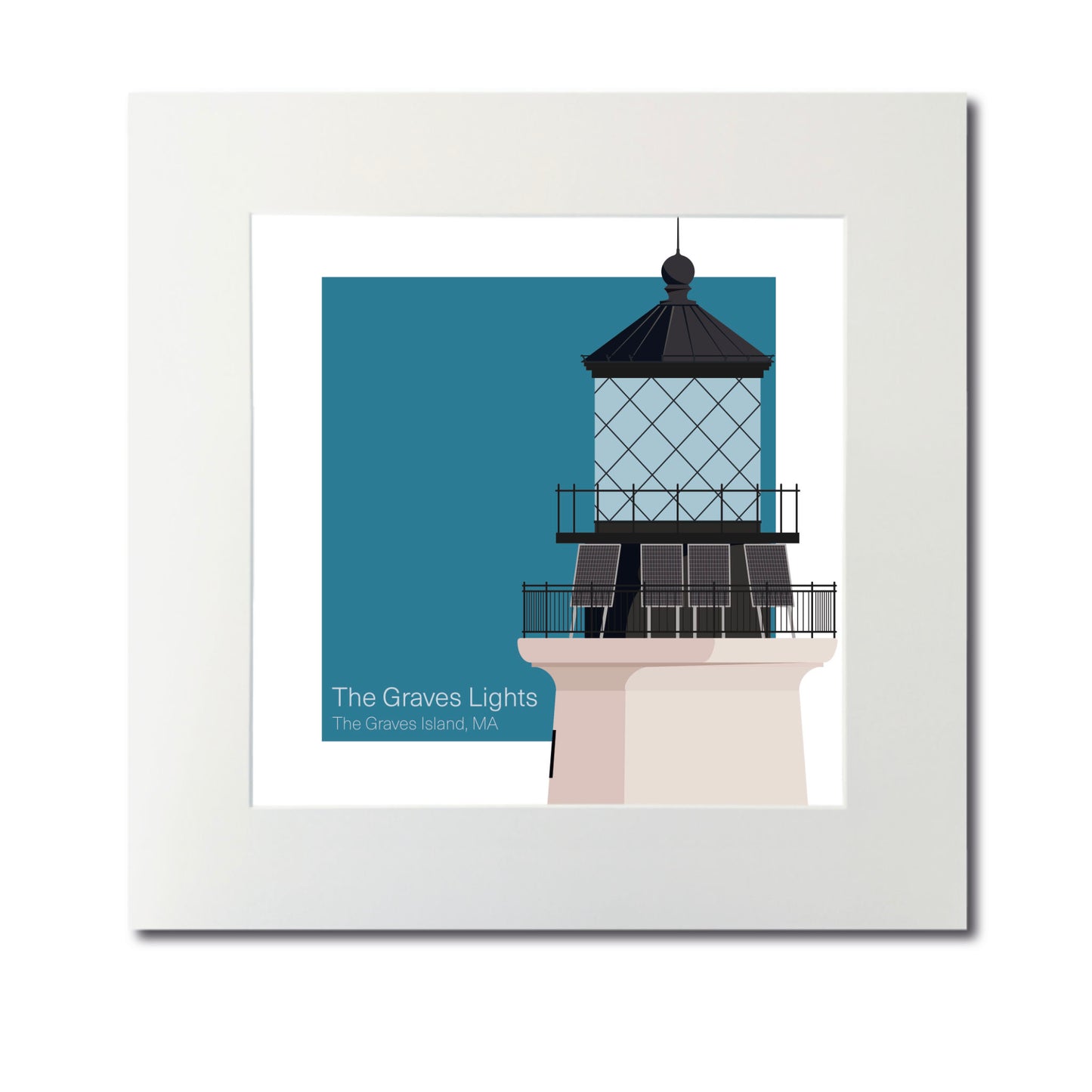 Illustration of the The Graves lighthouse, MA, USA. On a white background with aqua blue square as a backdrop., mounted and measuring 12"x12" (30x30cm).