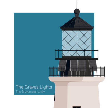 Illustration of the The Graves lighthouse, MA, USA. On a white background with aqua blue square as a backdrop.