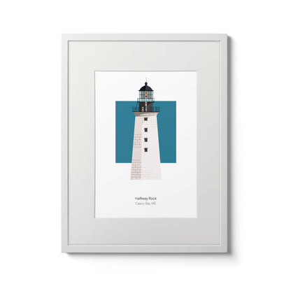 Illustration of the Halfway Rock lighthouse, ME, USA. On a white background with aqua blue square as a backdrop., in a white frame  and measuring 11"x14" (30x40cm).