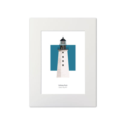 Illustration of the Halfway Rock lighthouse, ME, USA. On a white background with aqua blue square as a backdrop., mounted and measuring 11"x14" (30x40cm).
